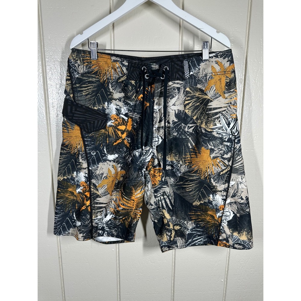 Volcom Board Shorts Mens 36 Orange Tropical Palm Leaf Print Mod Surf Swim Trunks